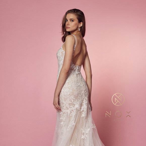 NEW LONG SLEEVELESS V-NECK MERMAID POLYESTER DRESS EMBROIDERED WITH LACE NX H493 - Picture 7 of 11